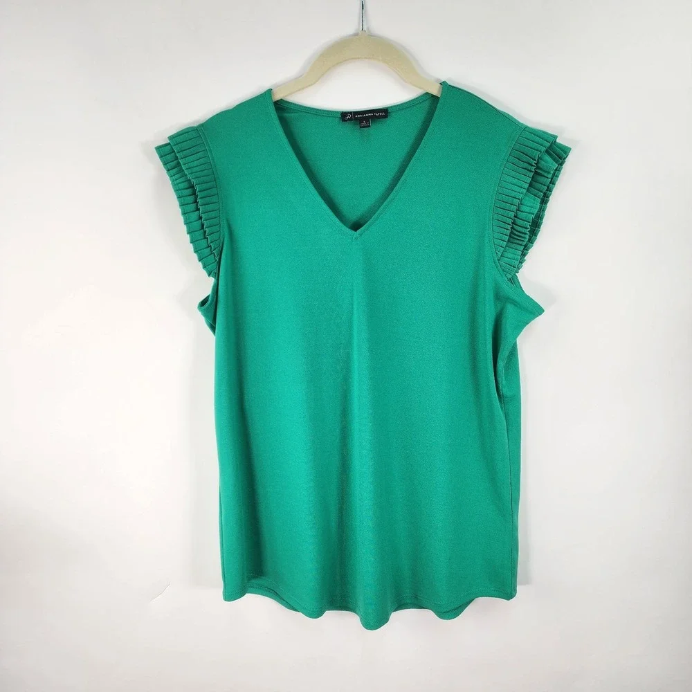 Adrianna Papell Top Women's S Green Flutter Ruffle Pleated Sleeve V-Neck